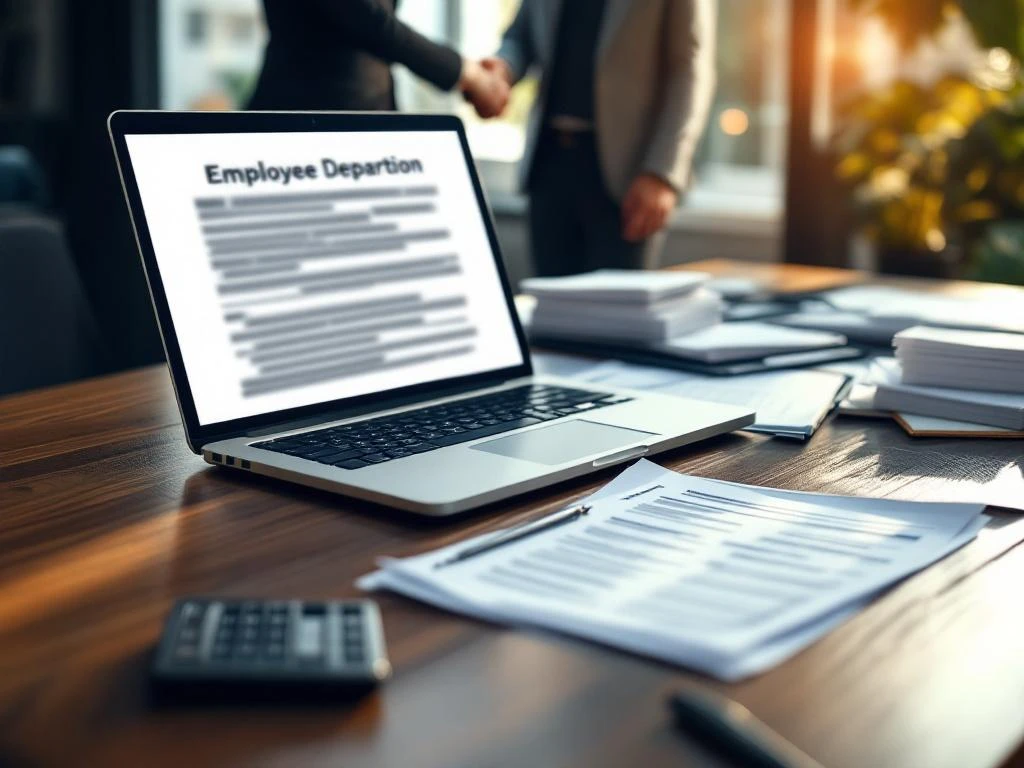 HR-manager bureau met laptop, documenten en calculator tijdens ontslag procedure, professionals schudden handen op achtergrond