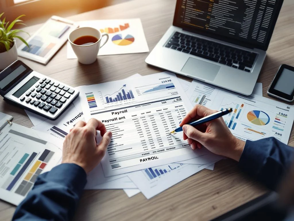 Professionele handen werken met pen en calculator aan salarisadministratie op modern kantoorbureau