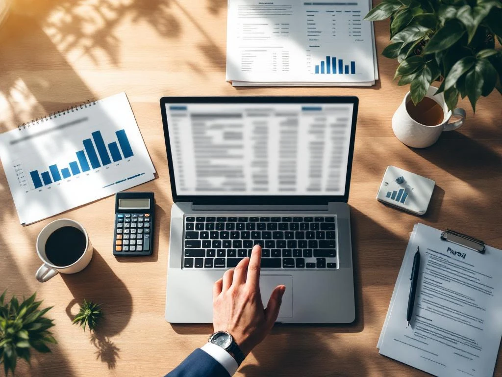 Zakelijk bureau met laptop, financiële documenten, calculator en koffie voor salarisadministratie