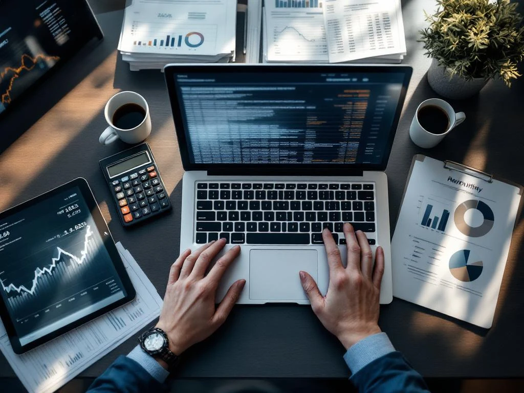 Bovenaanzicht van modern bureau met laptop, financiële documenten, calculator en koffie tijdens salarisadministratie