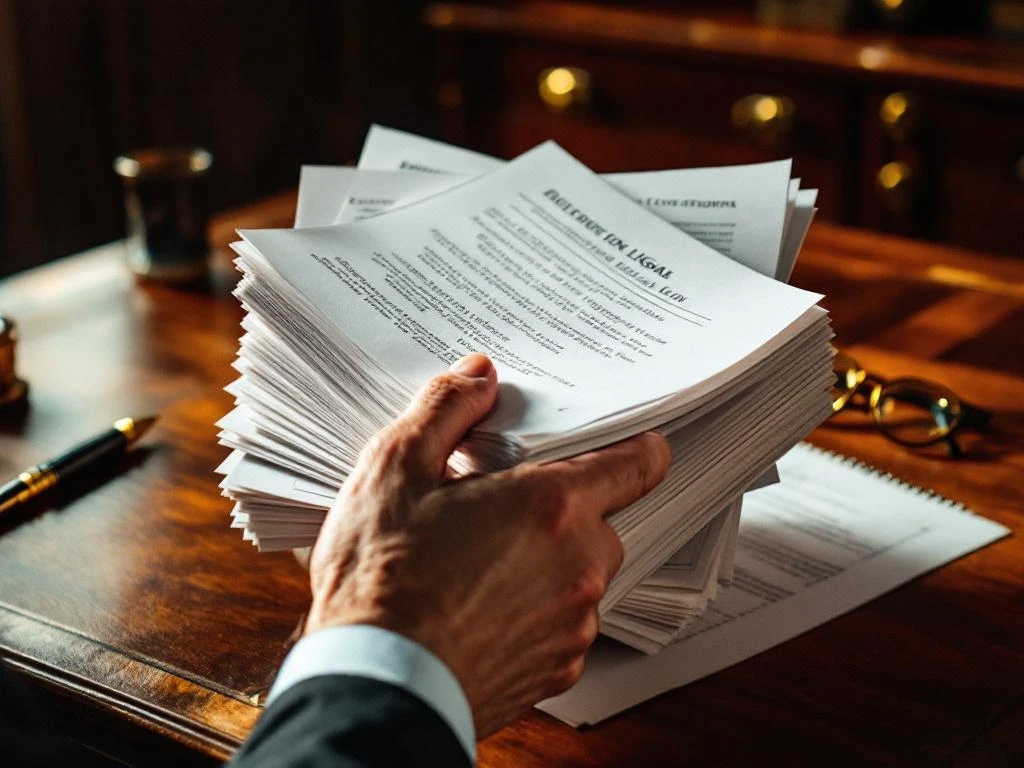 Zakenman houdt stapel juridische documenten met officiële stempels aan mahoniehout bureau met vulpen en bril