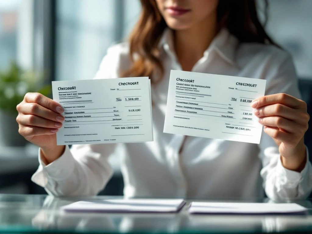 Zakenvrouw vergelijkt twee salarisbriefjes met verschillende bedragen aan moderne kantoorbureau