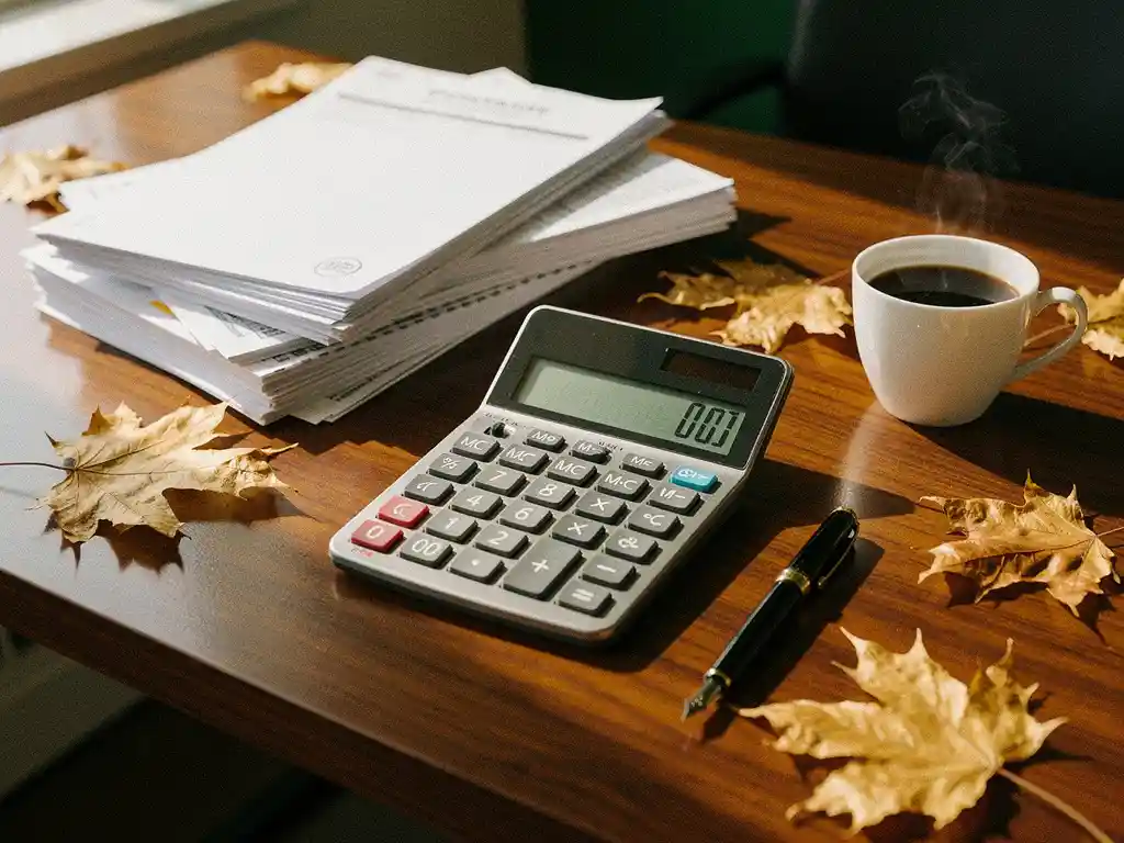 Loonstrookberekening op accountantsbureau met herfstbladeren, contracten, belastingdocumenten en koffiekop op houten bureau