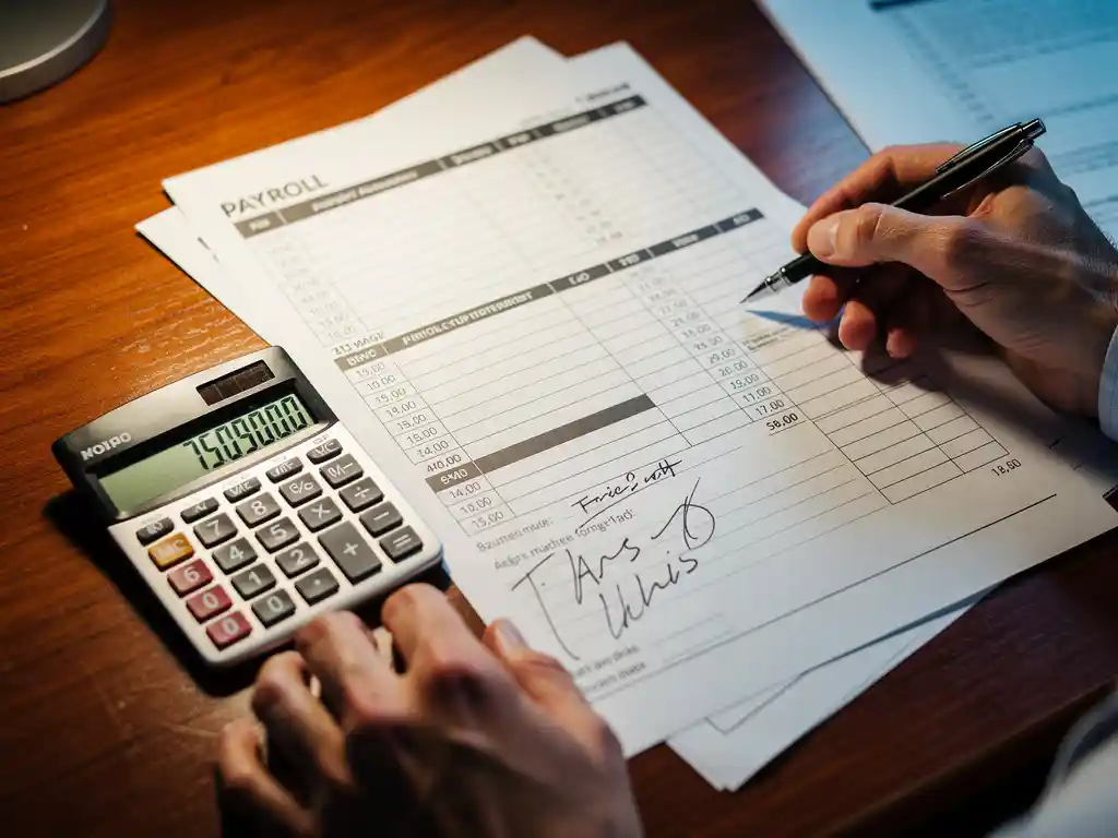 Gedetailleerd urenregistratieformulier met meerdere dienstroosters op houten bureau, calculator toont loonberekeningen naast handgeschreven notities