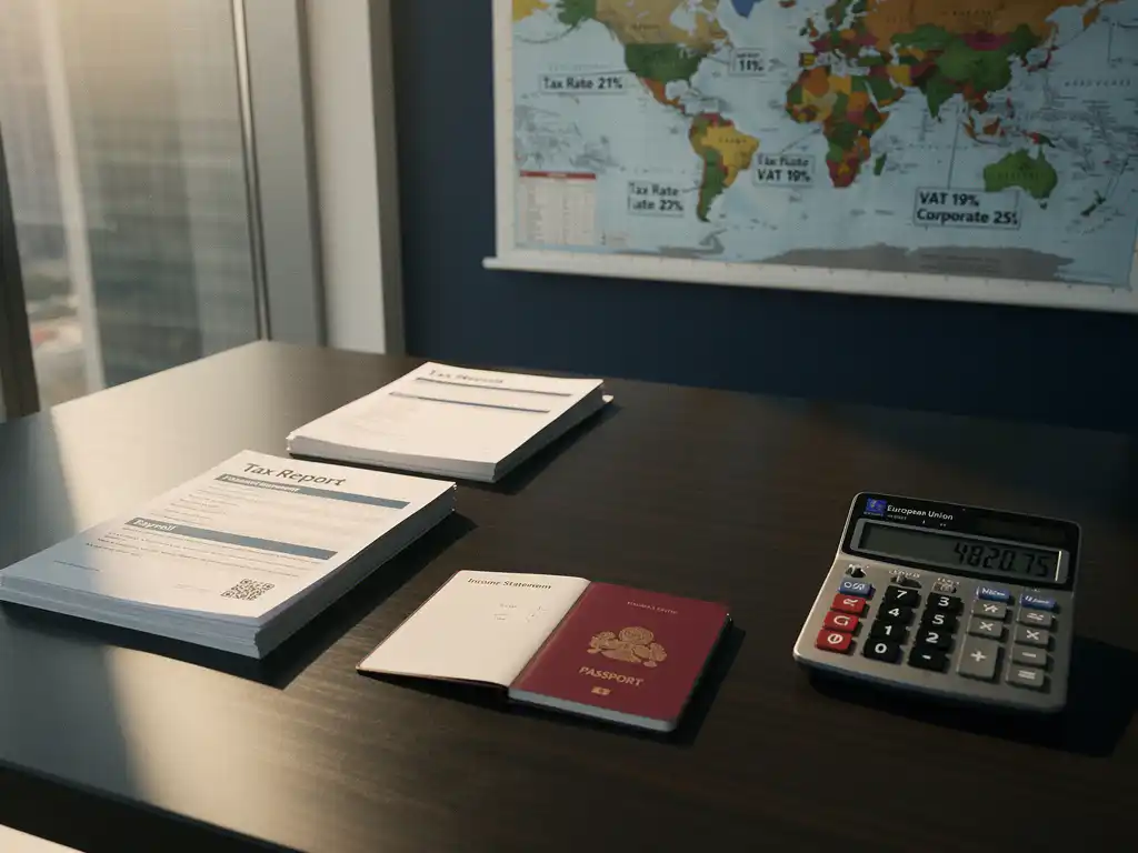 Professioneel boekhoudersureau met open Nederlands paspoort, internationale belastingdocumenten, rekenmachine en wereldkaart met belastingtarieven