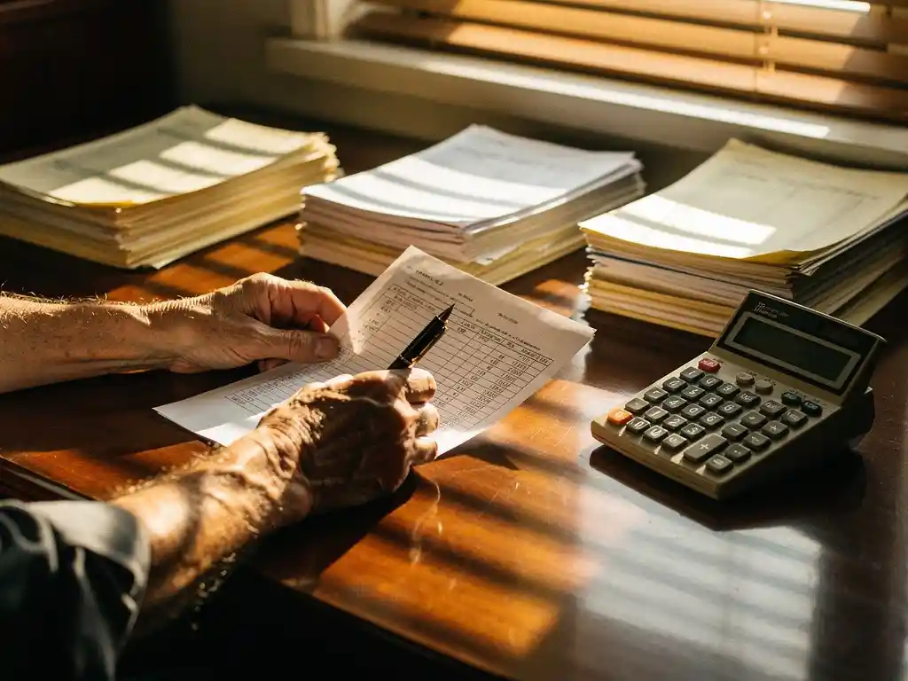Verweerde handen controleren salarisberekening met pen op houten bureau omringd door belastingdocumenten en vintage rekenmachine