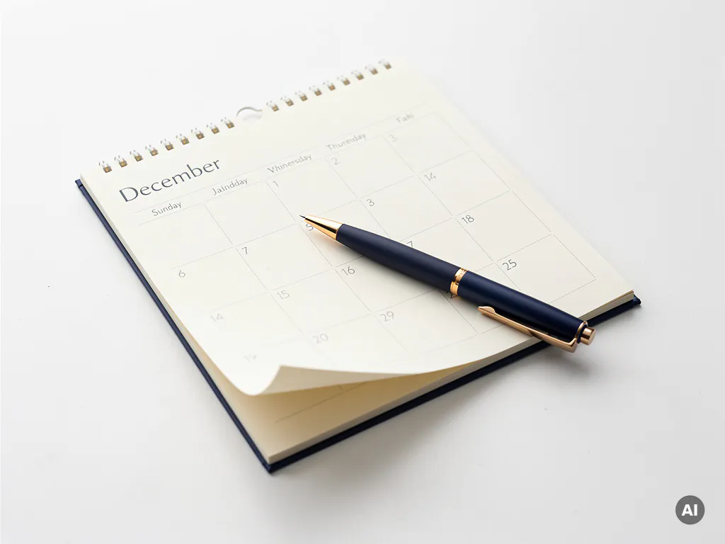 Bureau kalender open op december met omgeklapt hoekje naar januari, pen diagonaal erop, marineblauw en ivoor tinten.