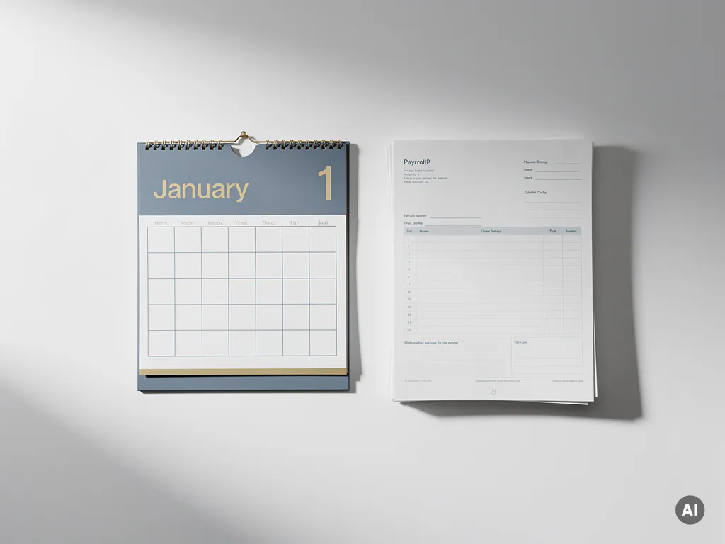 Kalenderblad open op 1 januari naast een salarisoverzicht op een wit bureau, strak minimalistische bovenaanzicht.