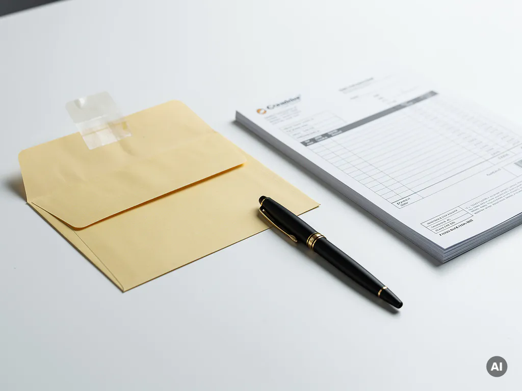 Verzegelde bruine envelop naast een salarisoverzicht en pen op wit bureau, minimalistisch en professioneel.