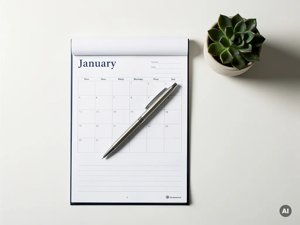 Opengeklapte januarikalender op een opgeruimd bureau met pen op loonstrookje en klein vetplantje, bovenaanzicht.