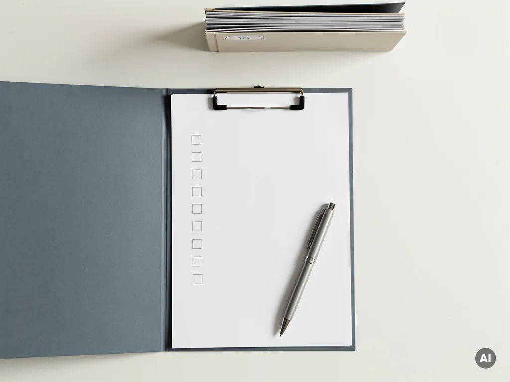 Klembord met lege checklist en pen op wit bureau, gestapelde mappen op de achtergrond, minimalistische flatlay.
