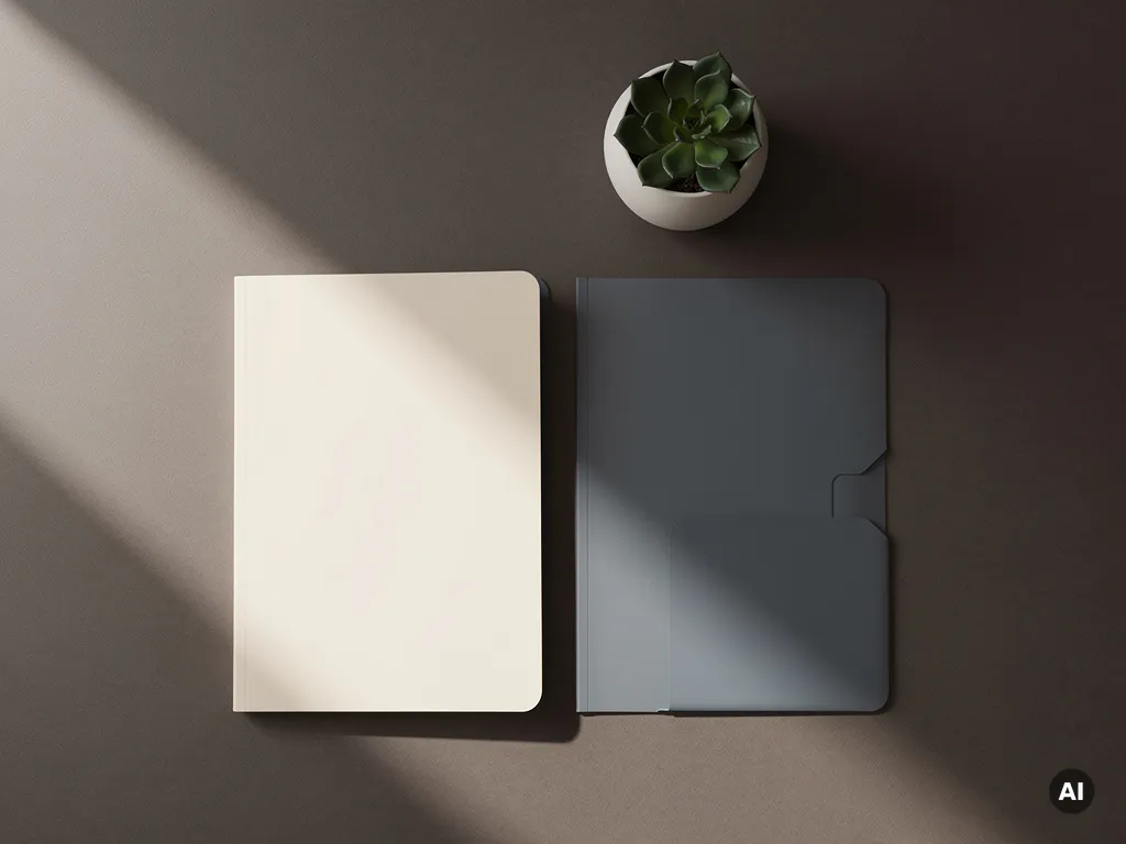 Twee documentmappen op een opgeruimd bureau, één sluit terwijl een nieuwe opent, met een vetplant en zachte kantoorverlichting.