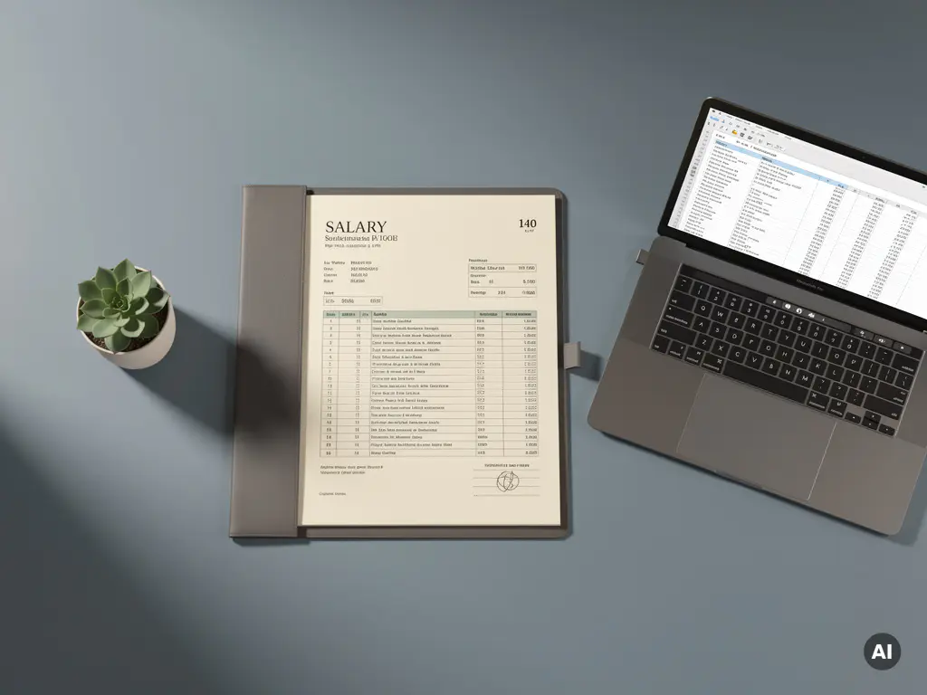 Bureau van salarisadministrateur met open loonbestand, laptop met spreadsheet en kleine vetplant in blauw-ivoor kleurenpalet.