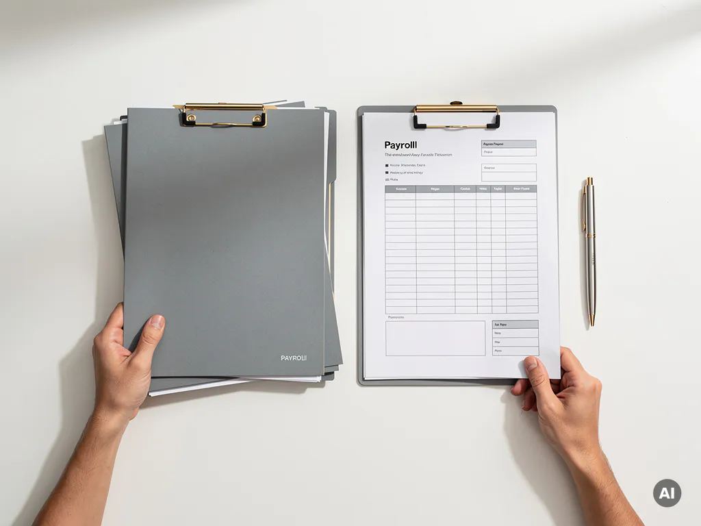 Stapel salarisadministratie mappen op wit bureau met pen en checklist, zakelijke minimalistische werkruimte in grijs en goud.