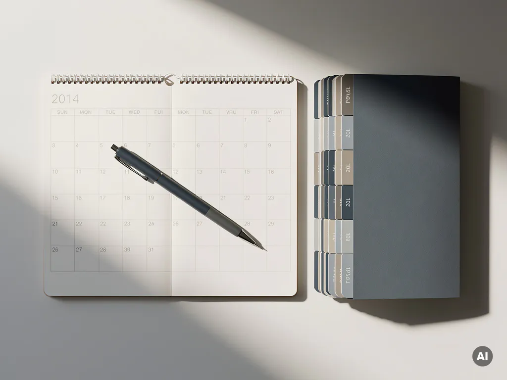 Open kalender op wit bureau naast geordende salarisadministratiemappen met pen, in gedempte blauw-witte tinten, bovenaanzicht.