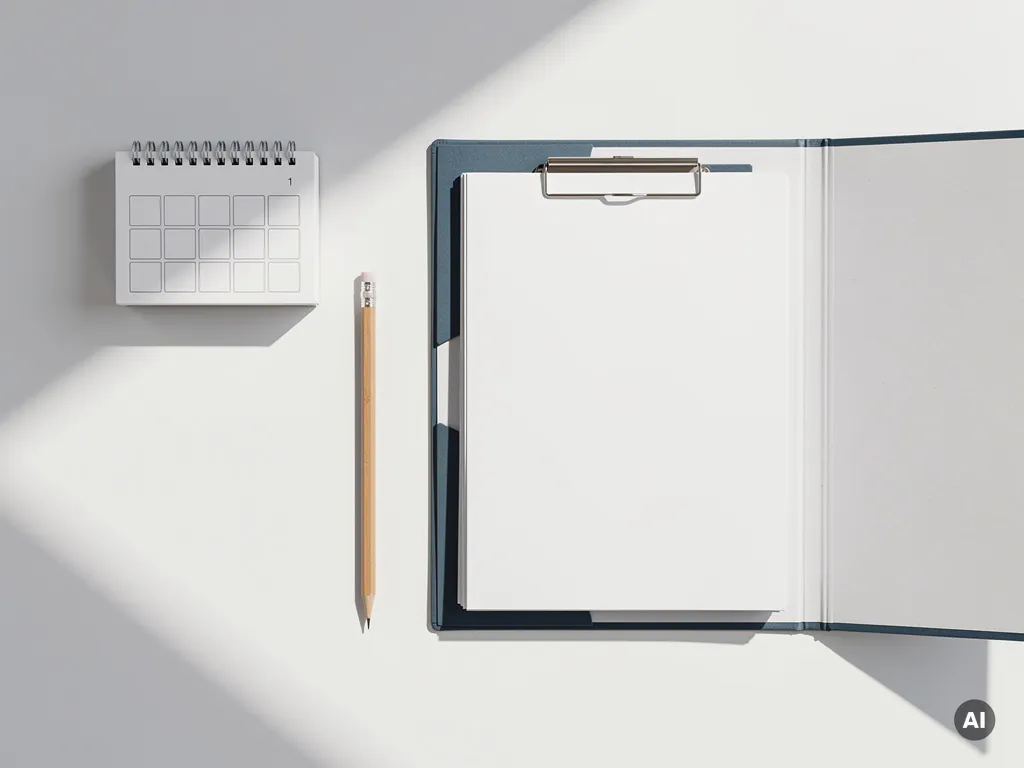 Open salarisadministratiemap op wit bureau naast een potlood en kalender, strakke geometrische schaduwen, minimalistische bovenaanzicht.