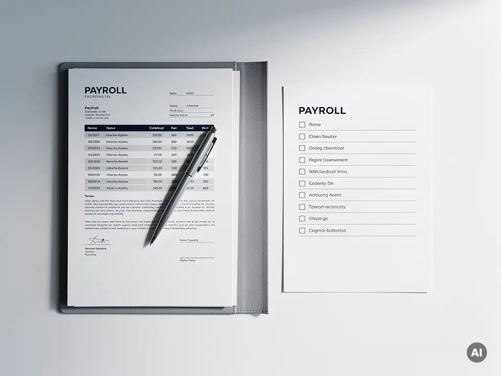 Open salarisadministratiemap met geordende documenten, checklist en pen op wit bureau, minimalistisch bovenaanzicht.
