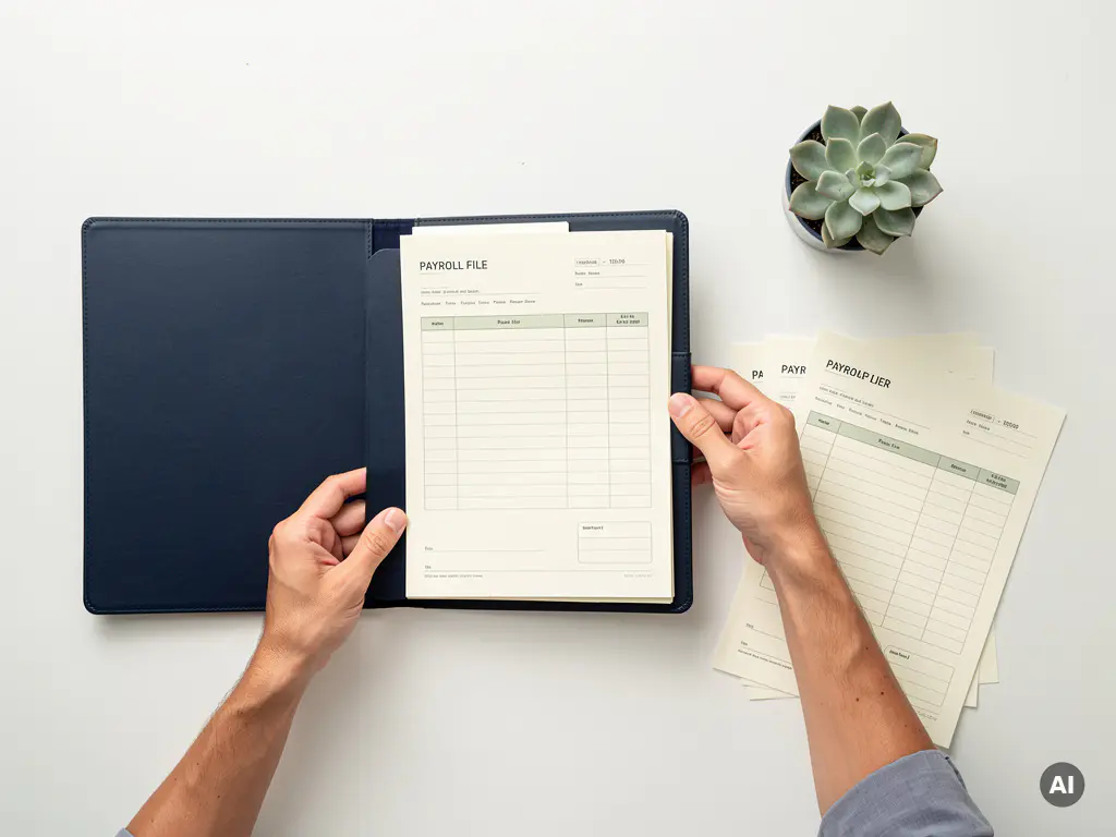 Payrolldossier wordt overhandigd aan bureau met netjes gerangschikte documenten en kleine vetplant, vlakke bovenaanzicht.