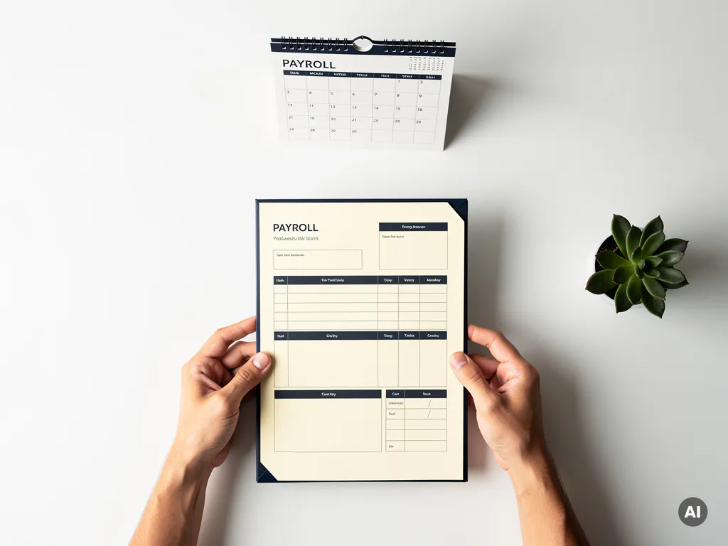 Gedeeltelijk ingevuld loonlijstdocument dat halverwege het jaar van hand tot hand gaat op een minimalistisch bureau met een vetplant.