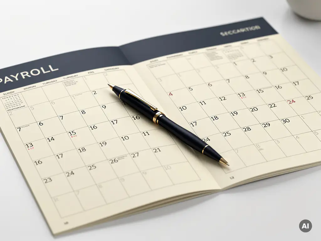 Naadloze salariskalender op wit bureau met elegante pen, weergegeven in marineblauw en ivoortinten.